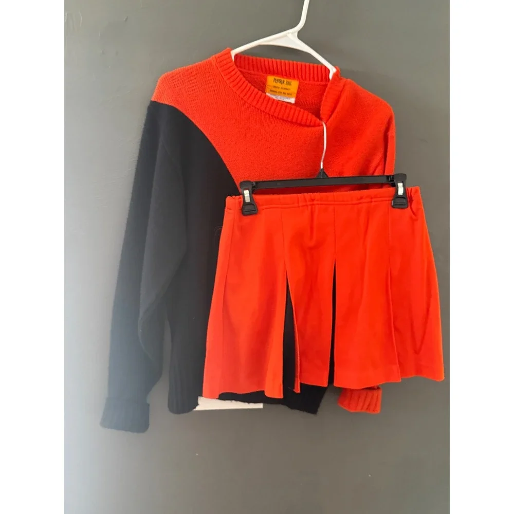 Vintage‎ 70s Pepster Hall Orange Black Cheerleader Sweater Pleated Skirt Set WLS